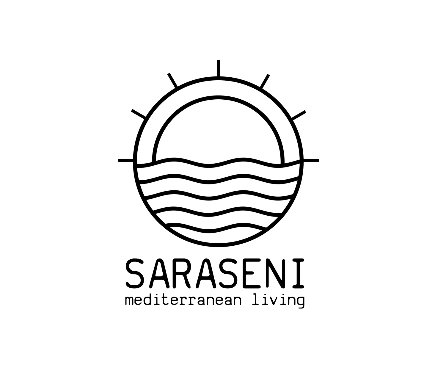 Saraseni - Mediterranean Living Logo. Sun and Sea vibes describe the lifestyle products we offer to our customers to create the wonderful Mediterranean lifestyle look to your life. 